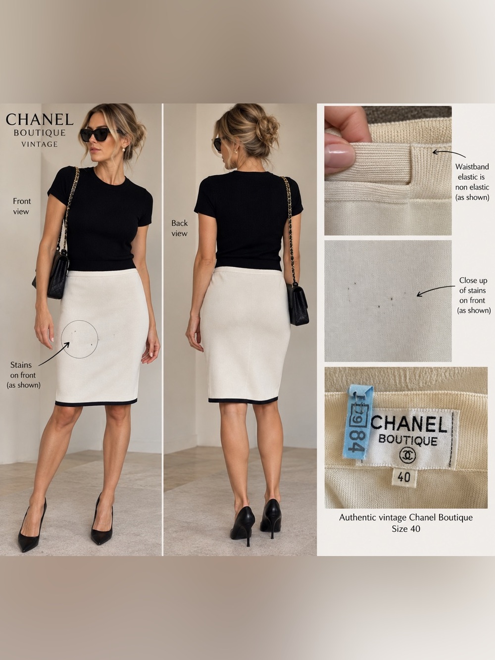 Vintage CHANEL Boutique Ivory Knit Pencil Skirt Size 40 AS IS
